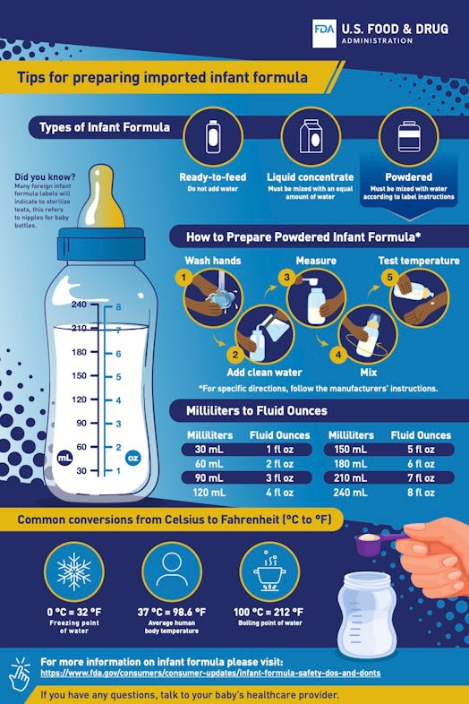 Infographic showing tips for preparing imported infant formula from the FDA