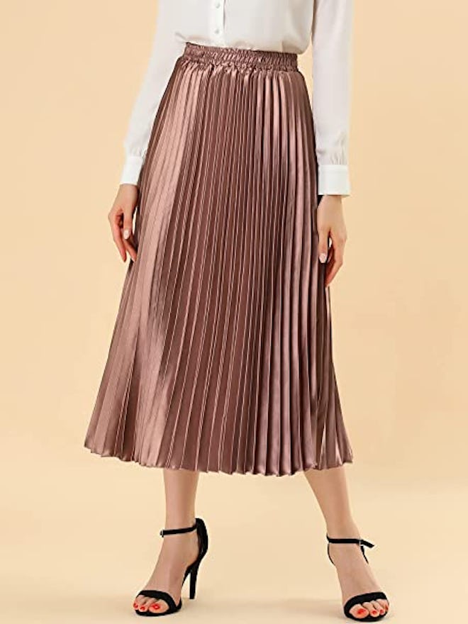 Allegra K Metallic Pleated Midi Skirt