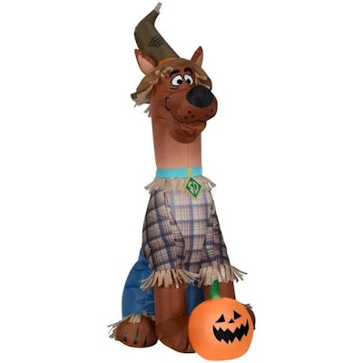 This three foot Scooby Doo is dressed as a scarecrow wearing a flannel shirt, scarecrow pointy hat, ...