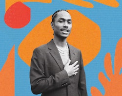 Steve Lacy  in black and white standing in front of a multicolored background.