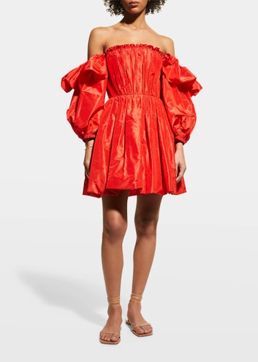 Off-The-Shoulder Puff-Sleeve Ruffle Bubble Mini Dress