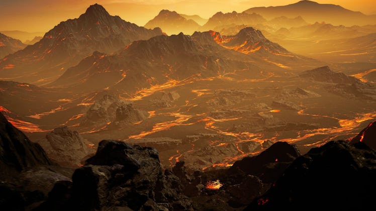 yellow-ish world with lava rivers cover its hazy surface
