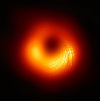 orange circle with a black region in the center and swirls of matter falling in