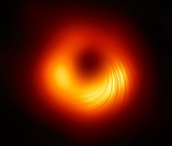 orange circle with a black region in the center and swirls of matter falling in