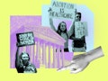 Collage of two women and a man holding banners on protests for woman's rights