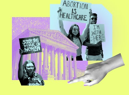 Collage of two women and a man holding banners on protests for woman's rights