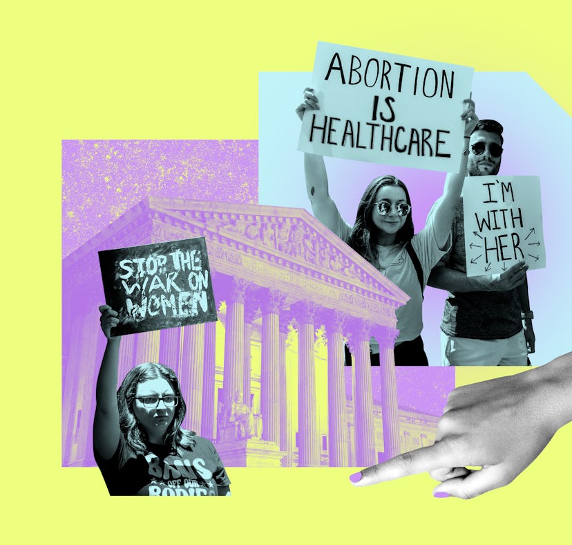 Collage of two women and a man holding banners on protests for woman's rights