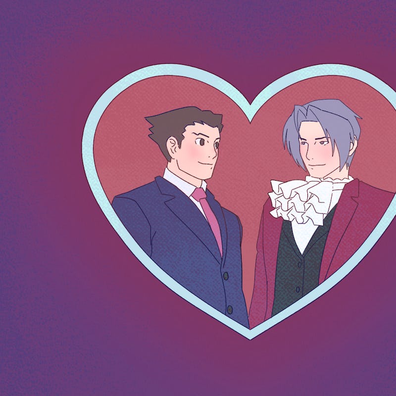 Two male characters from the Ace Attorney anime series looking at each other