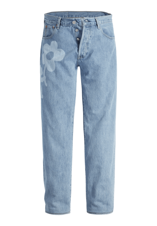 Blue denim jeans by Levi's with a single flower print