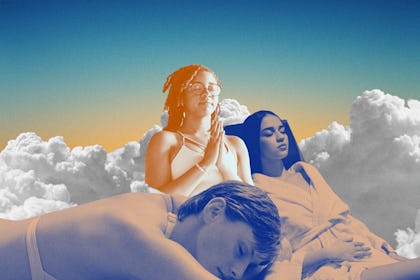 A collage of women sleeping and meditating on a cloud background