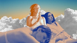 A collage of women sleeping and meditating on a cloud background