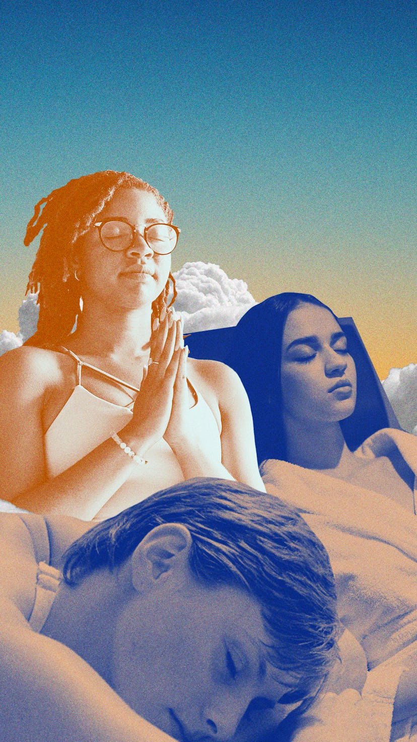A collage of women sleeping and meditating on a cloud background