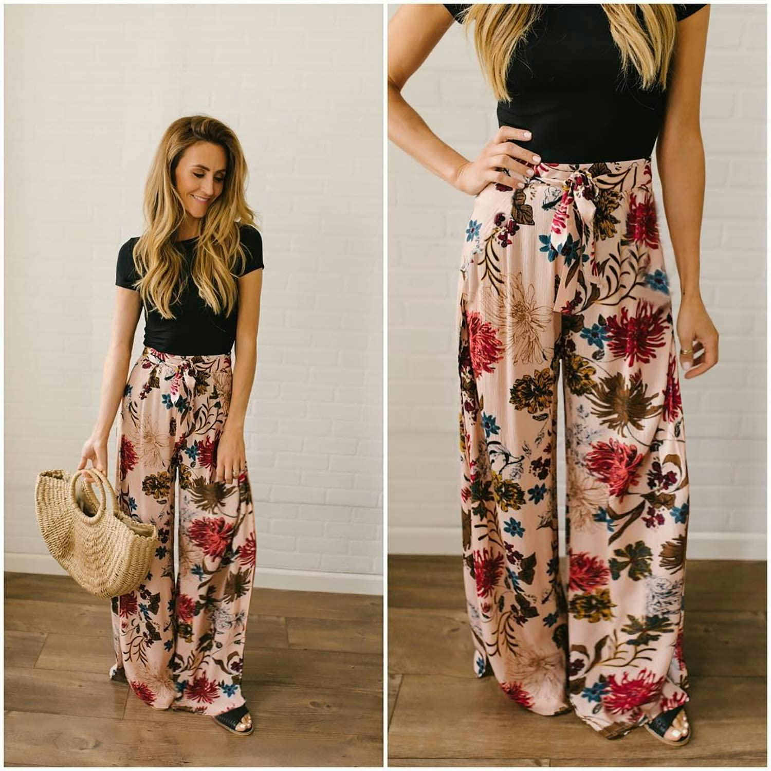 ECOWISH Floral High Waist Wide Leg Pants