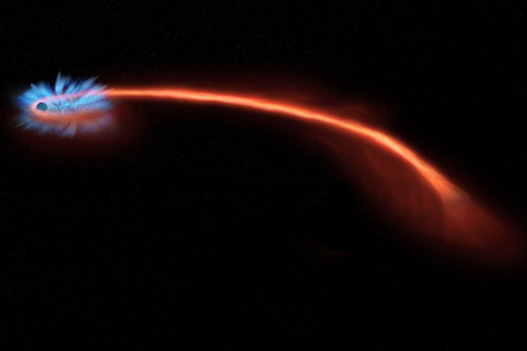 When a star (red trail) wanders too close to a black hole (left), it can be shredded, or spaghettifi...