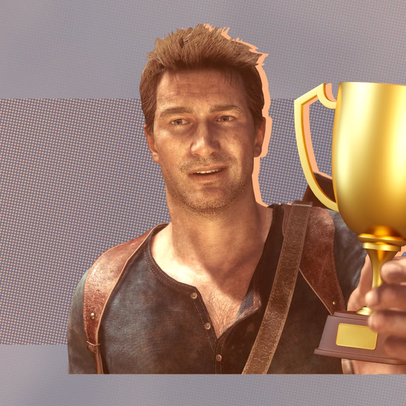 Nathan Drake holding trophy