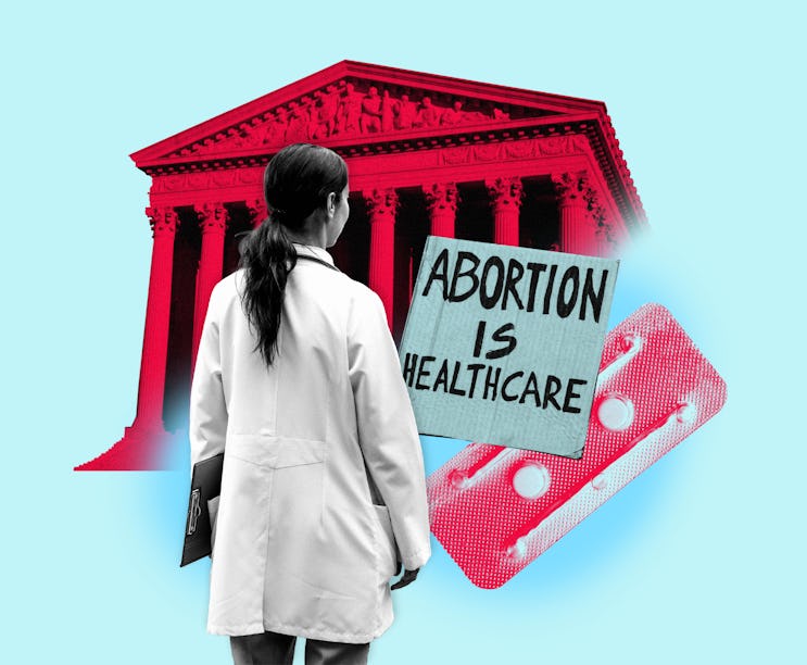 Collage of a female doctor, Supreme Court building, and "abortion is healthcare" banner