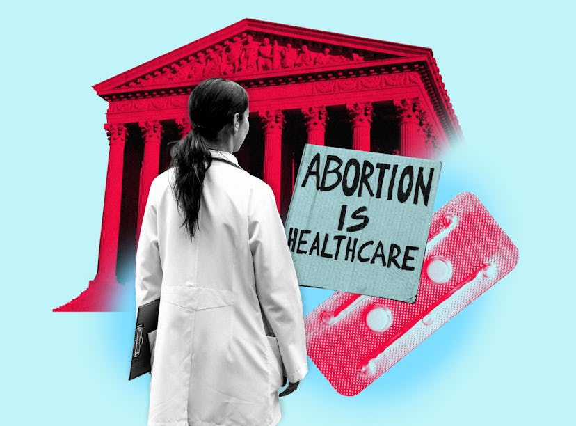 Collage of a female doctor, Supreme Court building, and "abortion is healthcare" banner