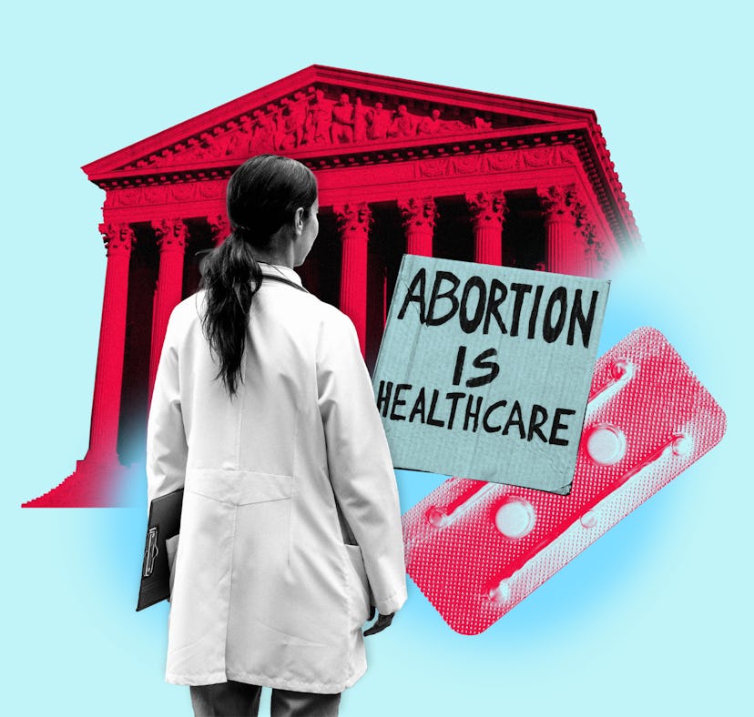 Collage of a female doctor, Supreme Court building, and "abortion is healthcare" banner
