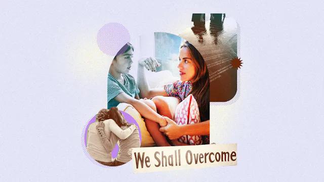 A collage of white mother talking to her white kid about the N-Word with the "we shall overcome" tex...