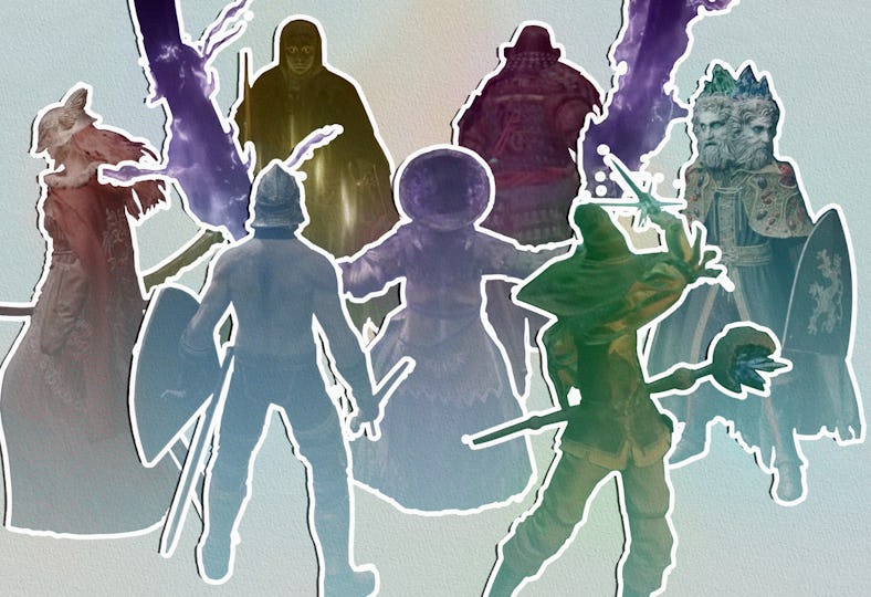 A collage of various Elden Ring characters displayed in different colors
