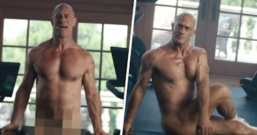 A side-by-side of Chris Meloni in a Peloton ad