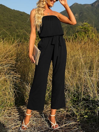 ZESICA Strapless Belted Wide Leg Jumpsuit