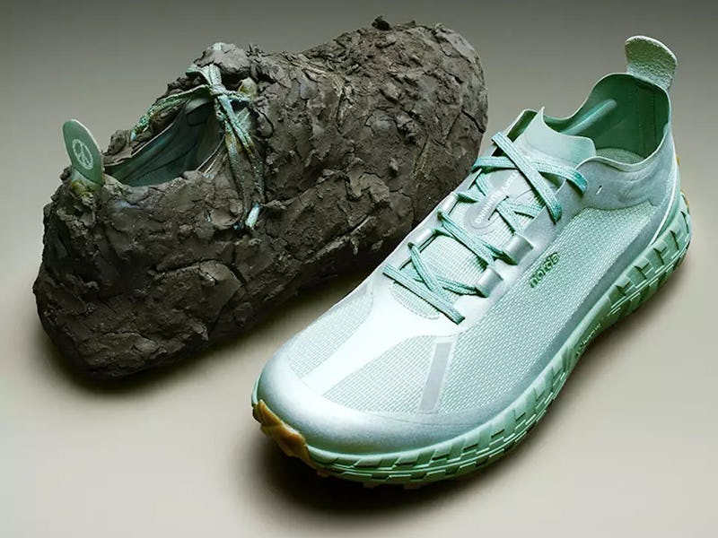 Satisfy and Norda's Peace 001 sustainable running sneaker in a light teal "Jadeite"