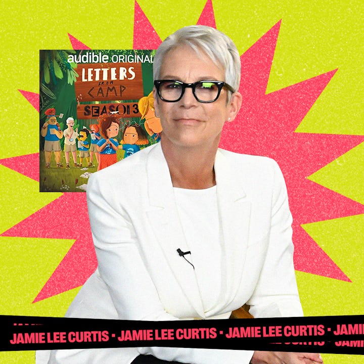 A two-part collage of Jamie Lee Curtis next to the cover ot Letters From A Camp Season 3
