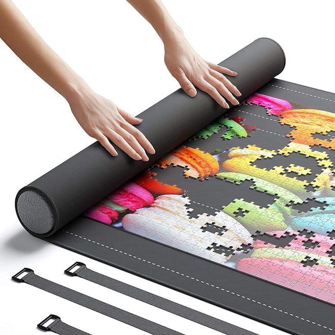 This puzzle mat rolls up and comes with a foam tube.