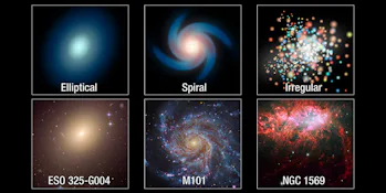 image of three galaxy types with three real life examples below it. the galaxy types are elliptical,...