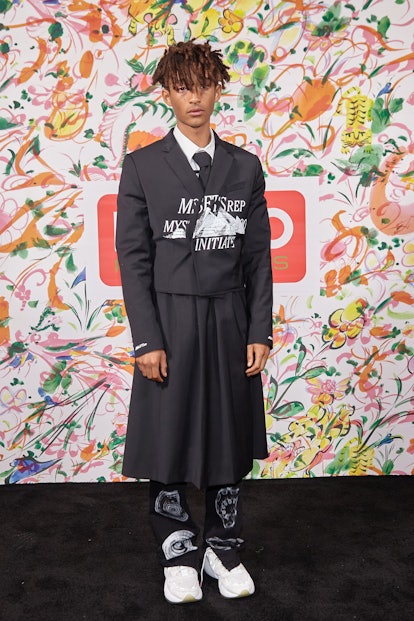 Jaden Smith at Keno’s U.S. launch party wearing a MSFTS Rep blazer, a long skirt over pants and snea...