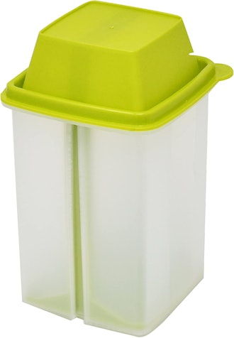 lime green topped pickle storage container with strainer