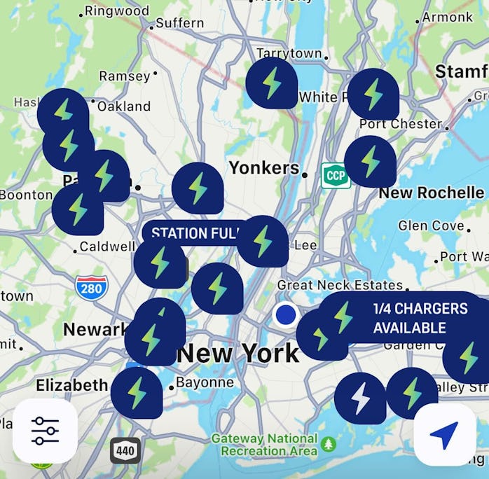 A screen shot of the Electrify America charging map