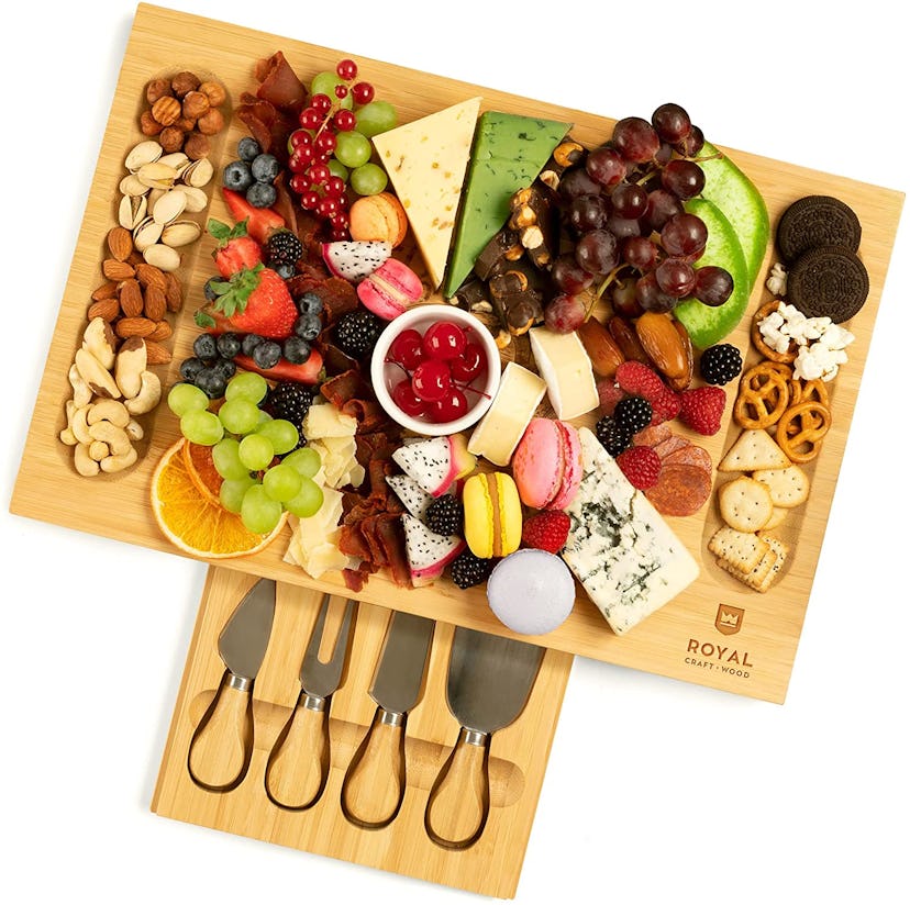 Unique Bamboo Cheese Board, Charcuterie Platter & Serving Tray Including 4 Stainless Steel Knife & T...