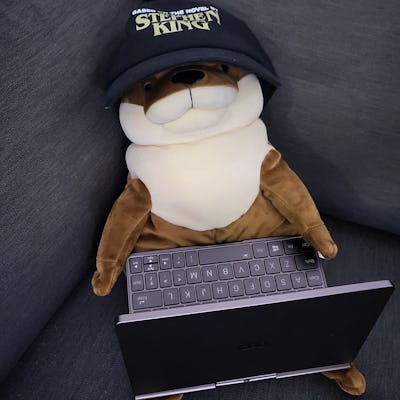 A plushy otter pictured wearing a baseball cap with the GPD Pocket 3 in its lap