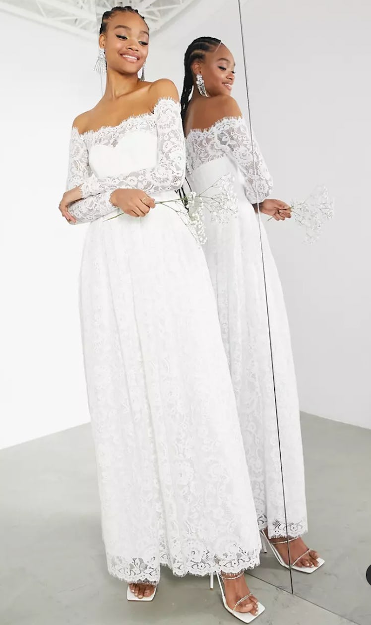 ASOS EDITION Hazel lace long sleeve off shoulder wedding dress