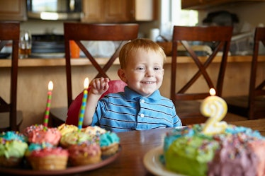 A boy smiling at his birthday cupcakes at his 2nd birthday party.