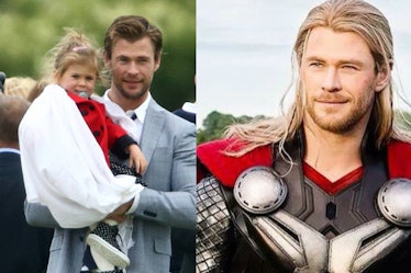 A side by side photo of Chris Hemsworth with his daughter and Chris Hemsworth in Thor