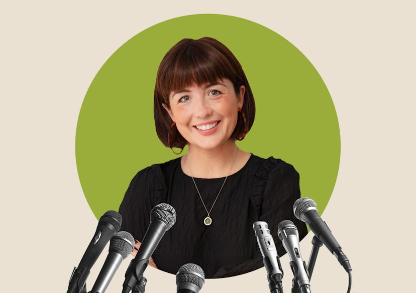 A collage with Mags Creative co-founder Hannah Russell and microphones set in front of her