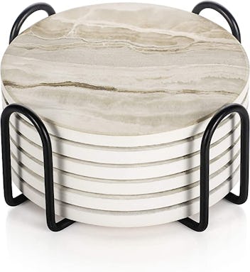 LIFVER Drink Coasters with Holder, Absorbent Coaster Sets of 6, Marble Style Ceramic Drink Coaster f...