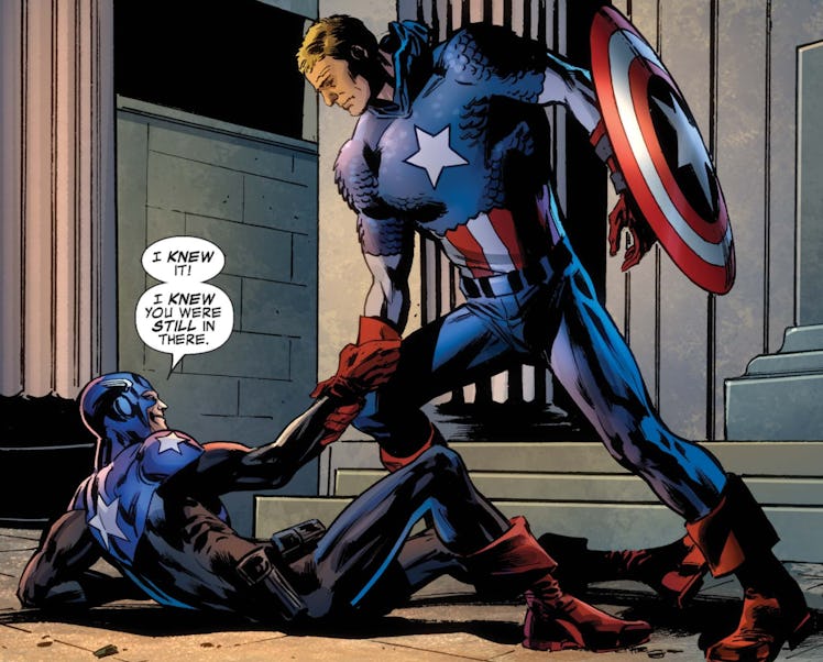 One character helping the other one to get up in Captain America Reborn
