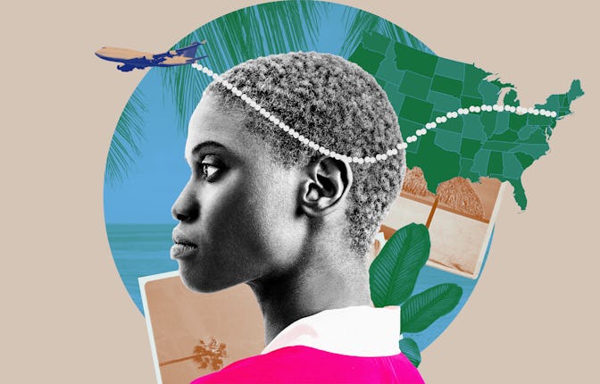 A person of color with thoughts of getting out of the US portrayed by a map and an airplane.