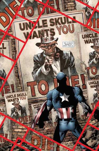Captain America standing in front of "Uncle Skull wants you to die" posters
