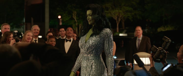 Jennifer Walters (Tatiana Maslany) wearing a dress in She-Hulk: Attorney at Law