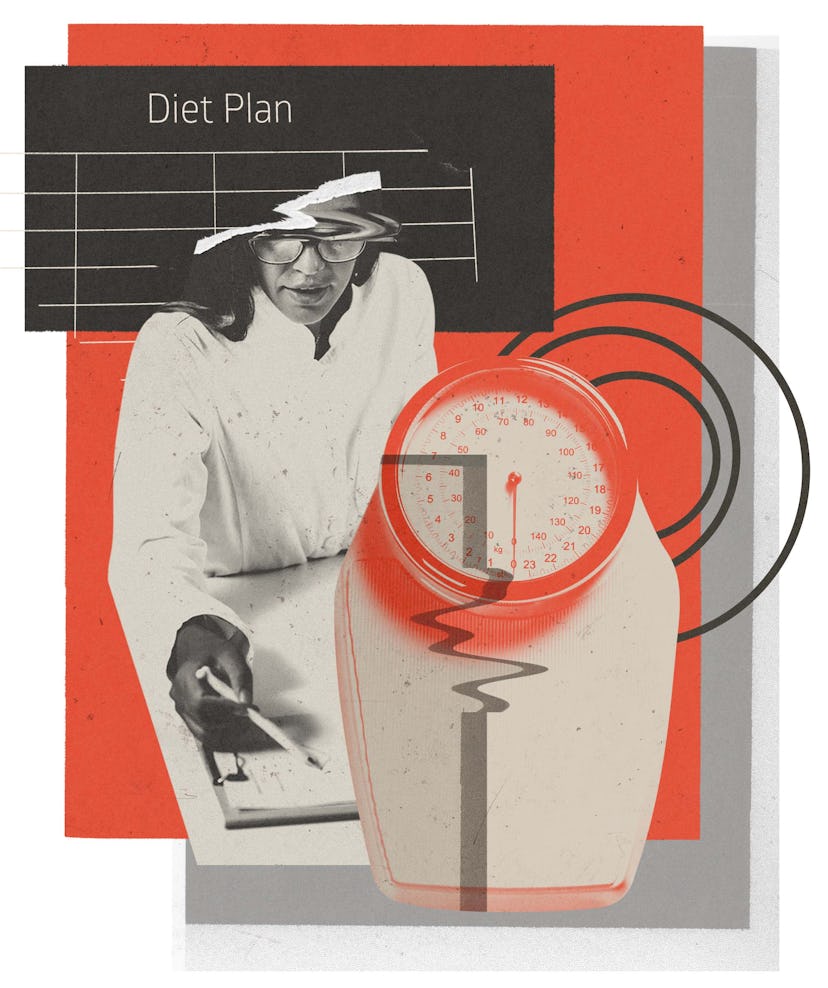 Collage of a nutritionist, scale, and "diet plan" text