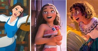 three grid image with Belle from Beauty and the Beast, Moana from Moana, and Maribel from Encanto