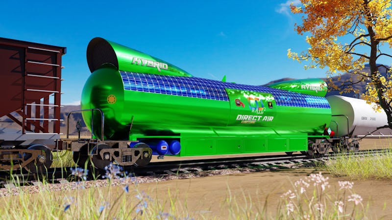 Green metallic tank car with receptacles to gather and release air on the front and back, being tran...