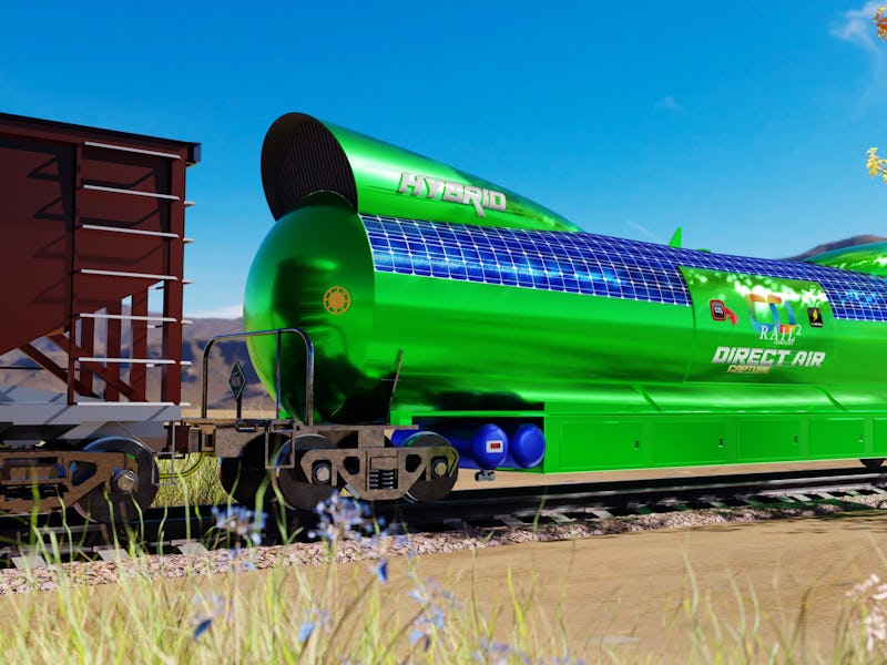Green metallic tank car with receptacles to gather and release air on the front and back, being tran...