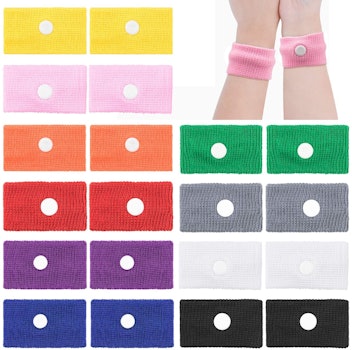 This 10-pack of nausea bands for pregnancy includes a variety of bright colors and also comes in bla...