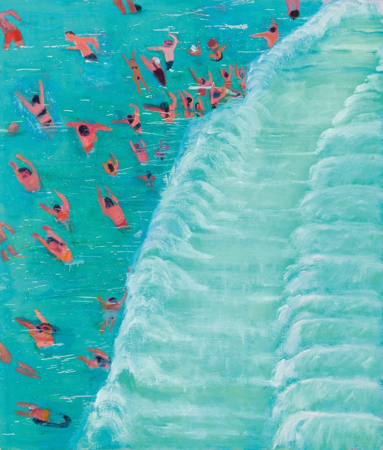 a painting of a group of people swiming in turquoise waves